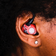 ER15 Musicians Earplug, red/black swirl, shown in-ear