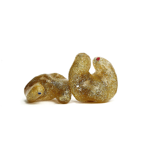 Full shell solid earplugs, custom fit in gold sparkle option